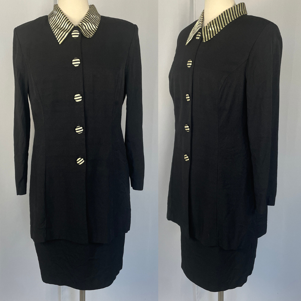 Vintage Shirt Dress Size 14 Black Solid Minimal Long Sleeve Career Office 80s